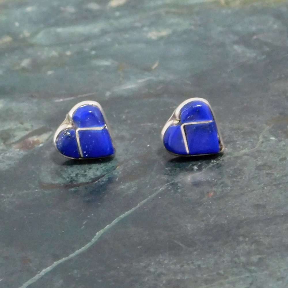 Southwestern Earrings 925 Sterling Silver Lapis Hearts Stud Vintage Petite